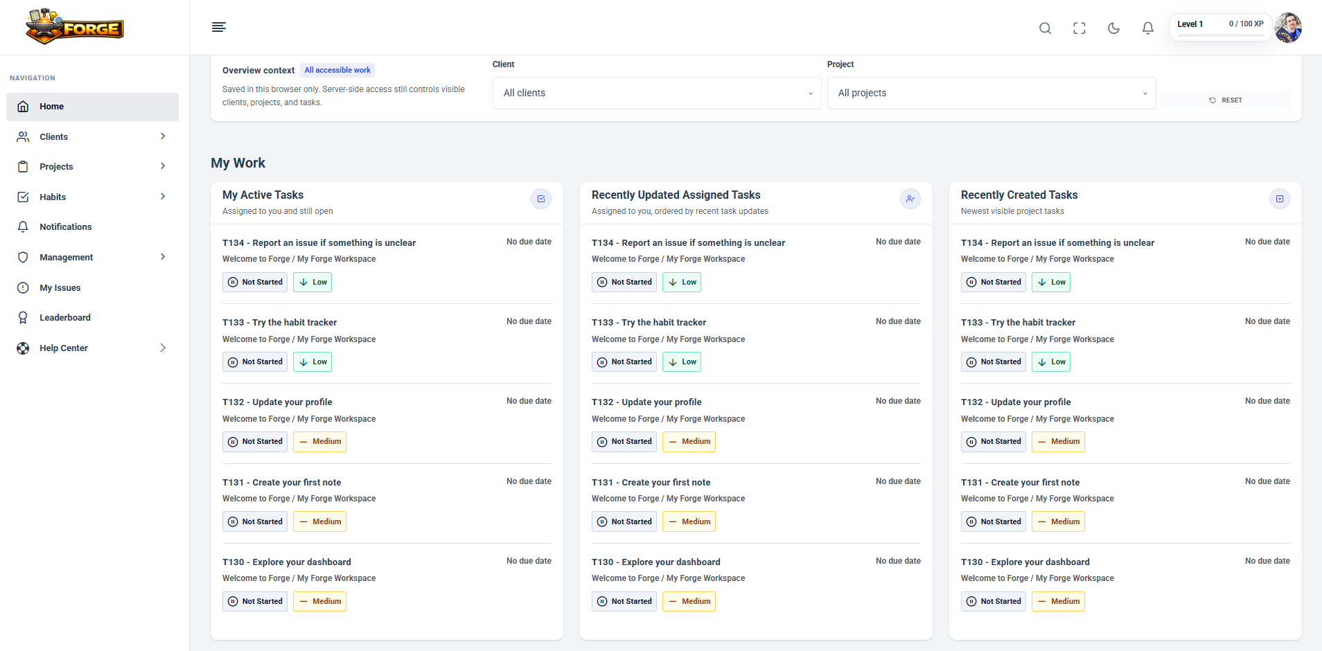 Forge dashboard overview